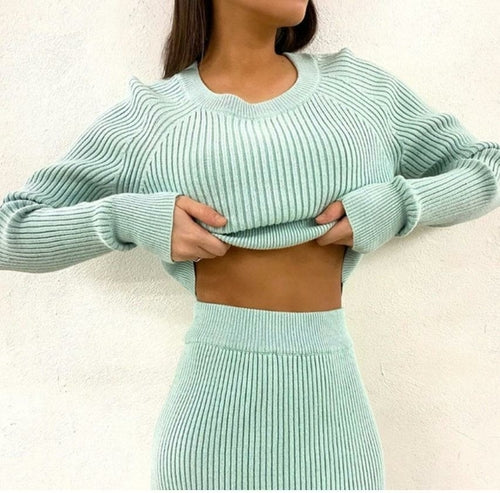 knitted top and high waist skirt autumn witner two-piece set