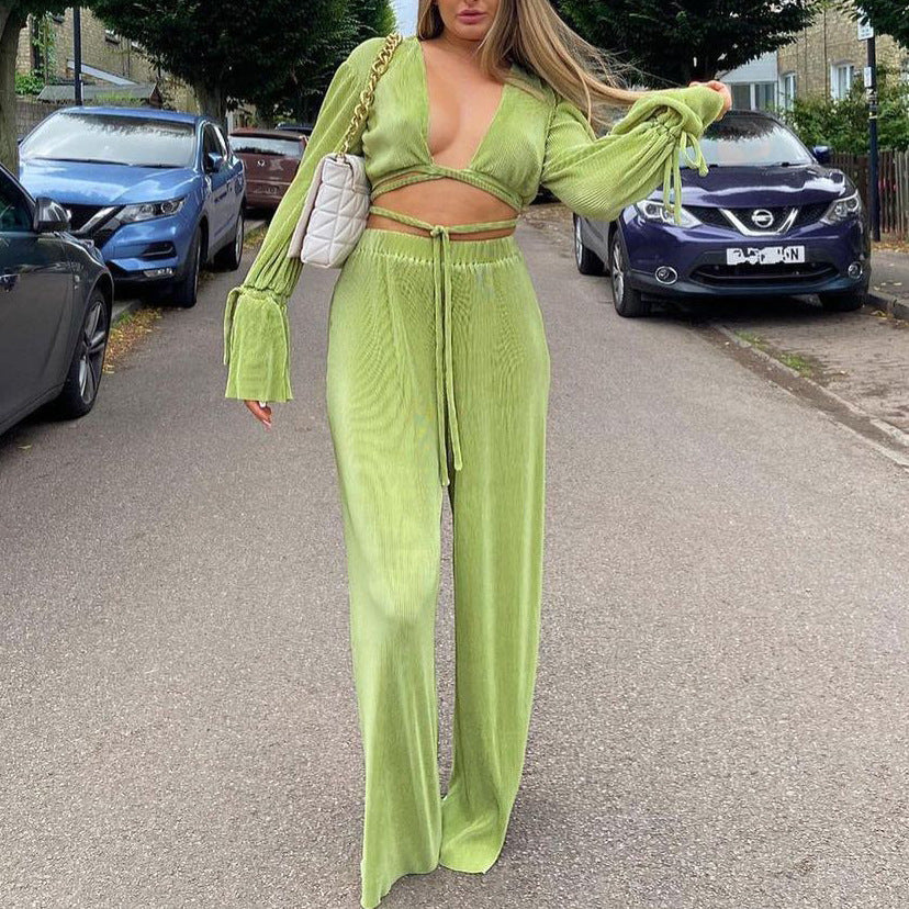 Sexy Green Pants Set Women Casual Loose Bandage Blouses Shirt Matching